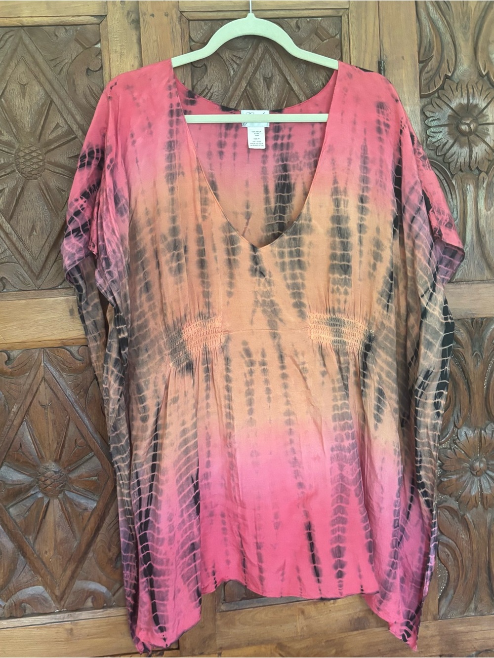 Women's V-Neck Tie-Dye Tunic in Pink and Orange